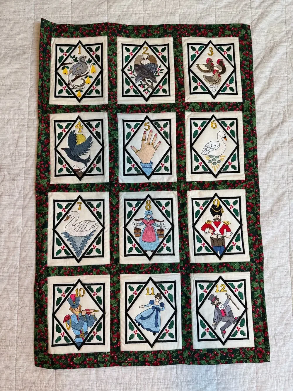 Handmade Wall Hanging Quilt “12 Days Of Christmas”Tapestry Blanket Holly Festive
